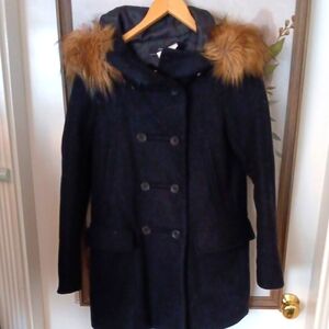 ZARA Women's Black Coat with Faux Fur Trim